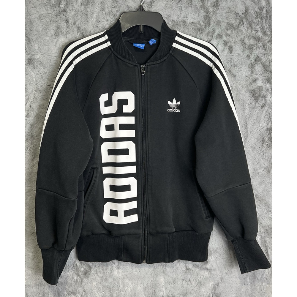 Adidas Track Jacket Top Large Print Women's‎ Size Small Black Faded READ